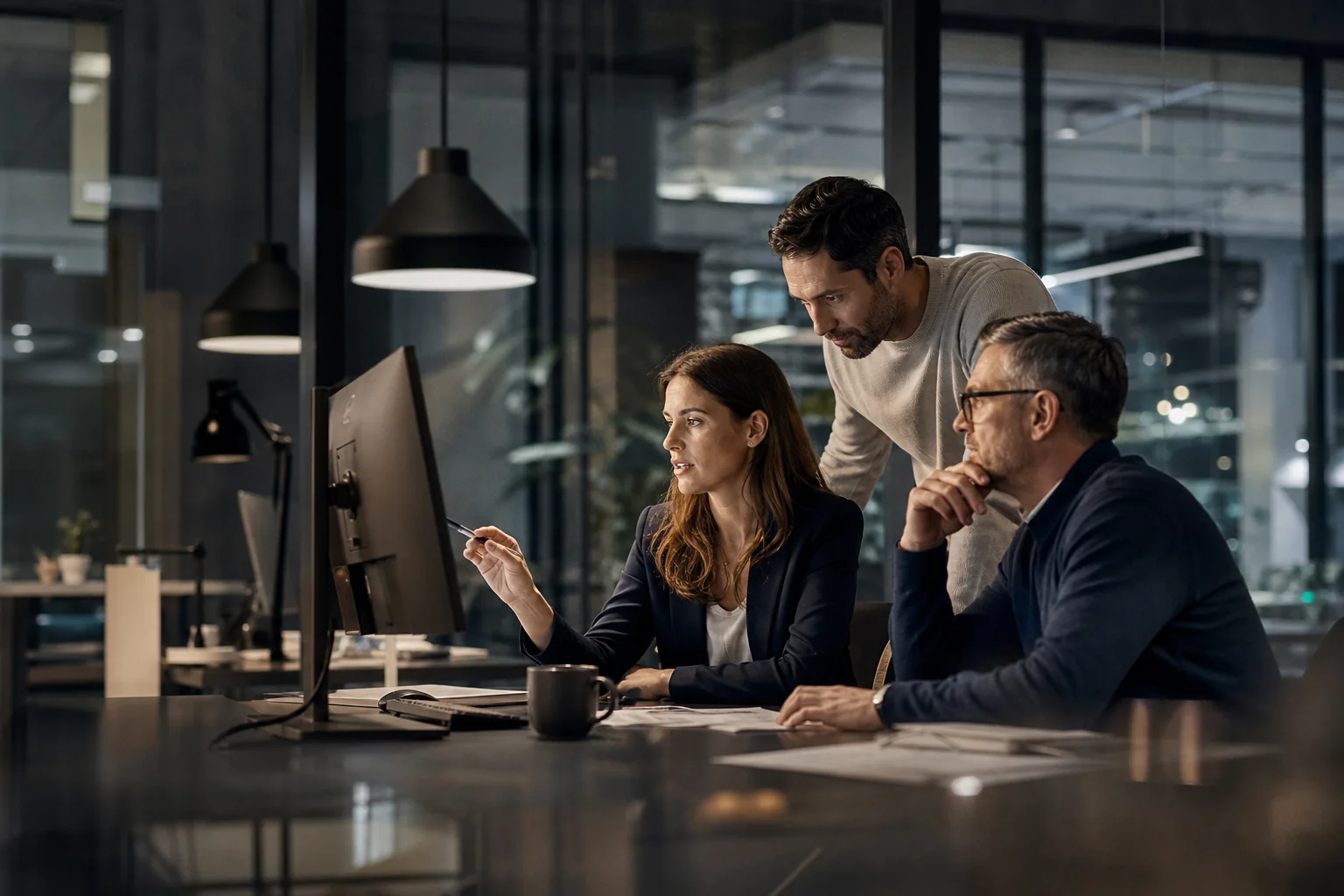 Modern Europees bedrijfsteam dat samenwerkt met digitale workflowvisualisatie