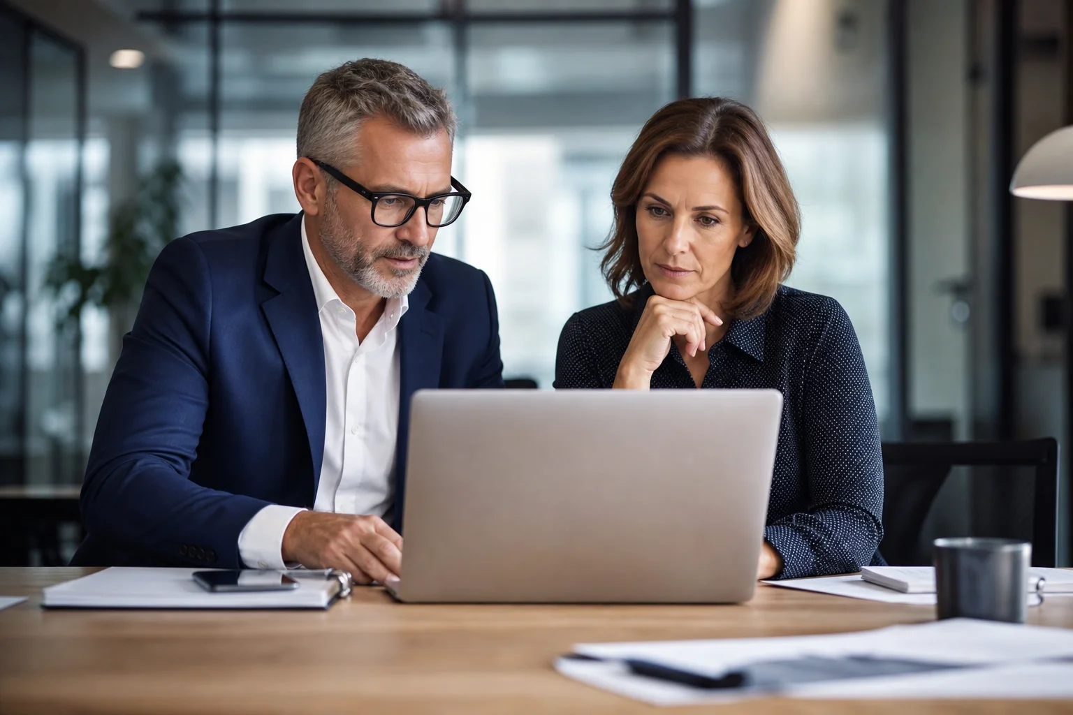Zakelijke besluitvormers die financiële en workflowinformatie bespreken